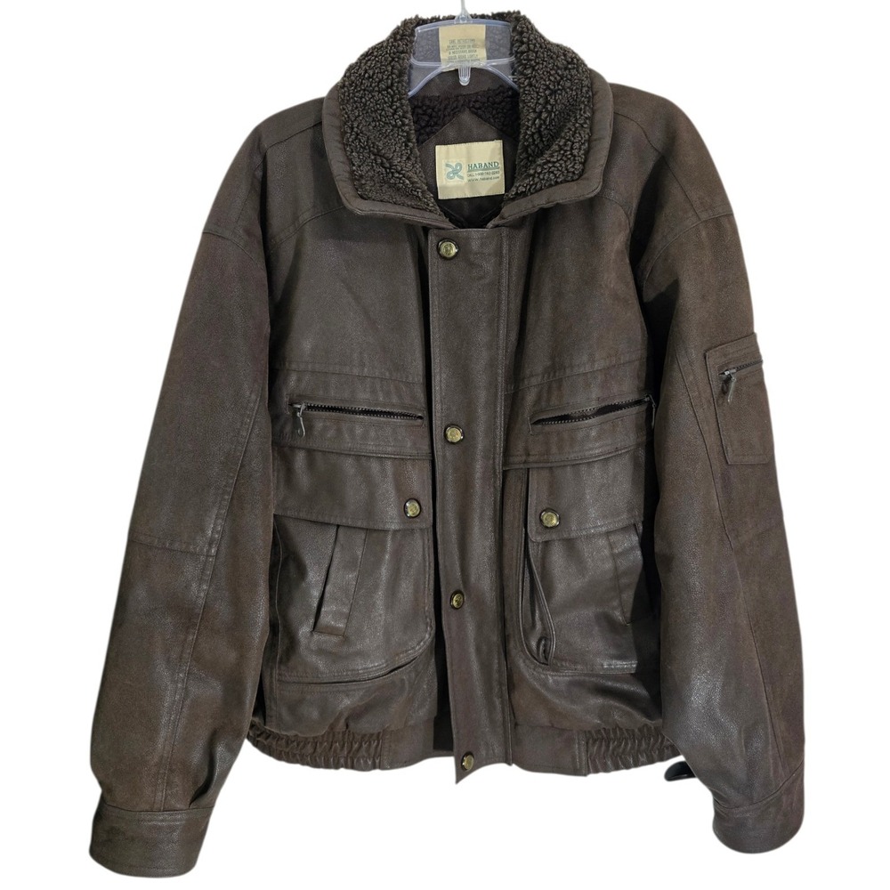 Haband Mens XL Brown‎ Faux Leather Sherpa Lined Bomber Jacket Style 310 Coat